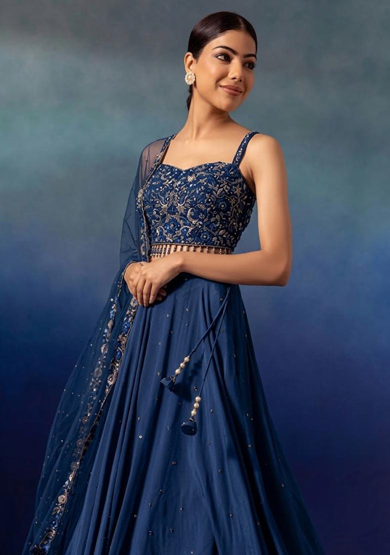 Navy Peony Embellished Designer Lehenga Set - Indya