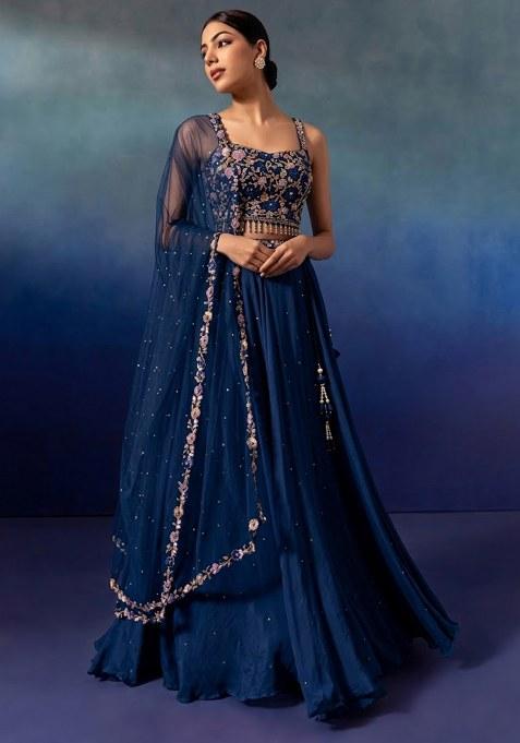 Navy Peony Embellished Designer Lehenga Set