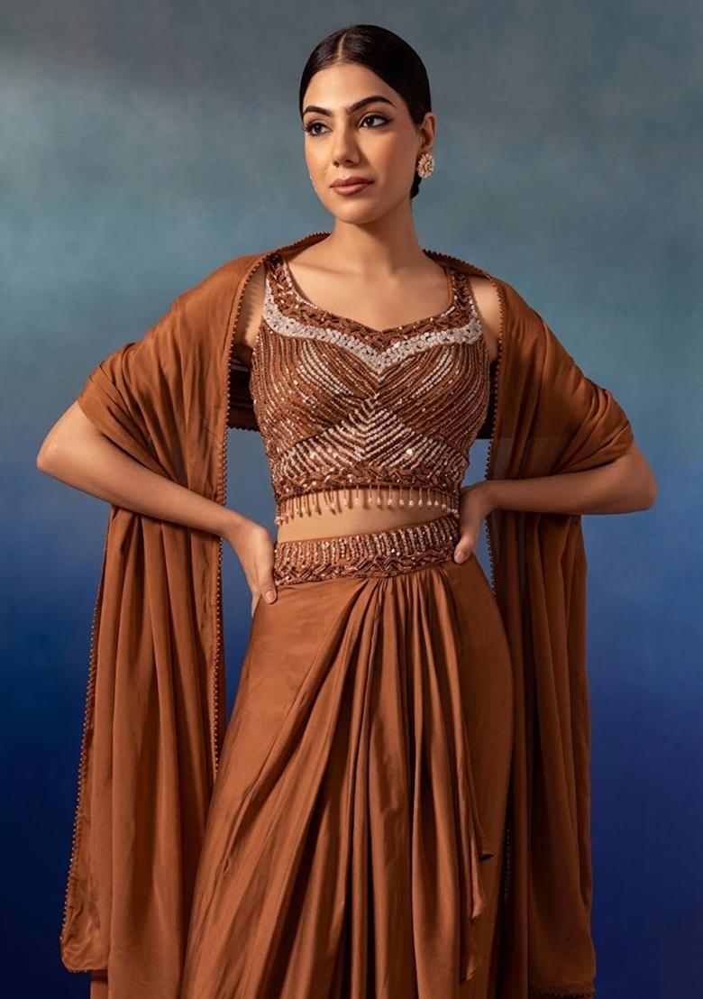 Brown Embroidered Designer Lehenga Set - Indya