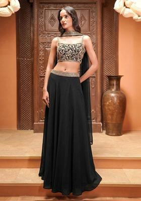 Jet Black Embroidered Handwork Lehenga Set
