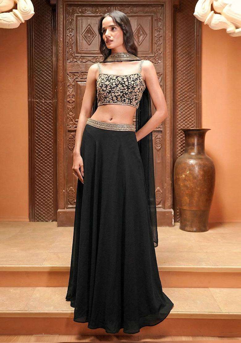 Jet Black Embroidered Handwork Lehenga Set - Indya