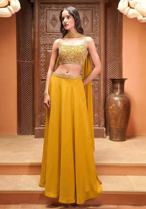 Mustard Yellow Embroidered Handwork Lehenga Set