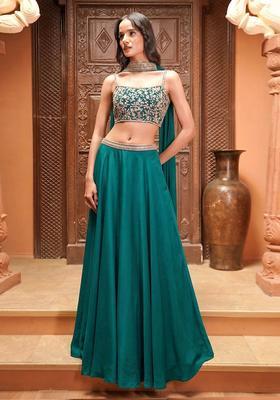 Teal Blue Embroidered Handwork  Lehenga Set