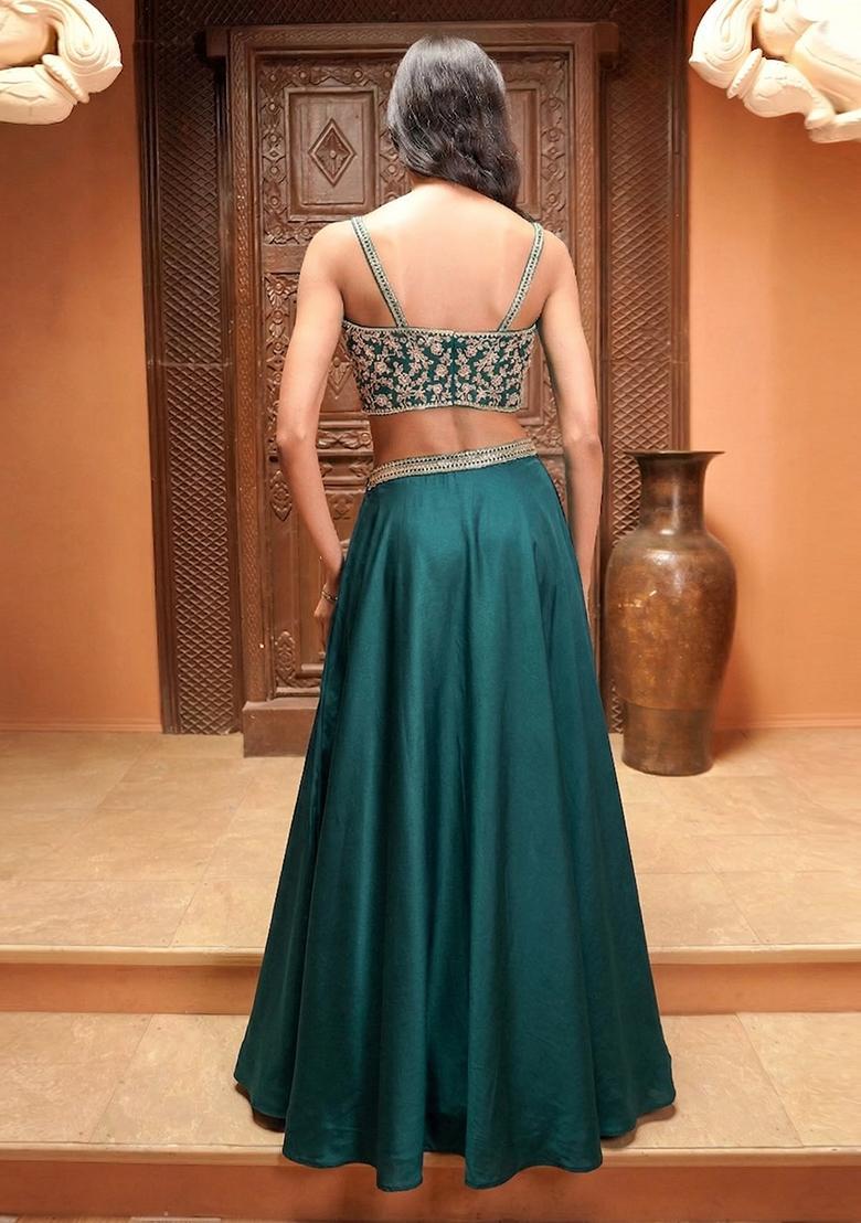 Teal Blue Embroidered Handwork Lehenga Set - Indya