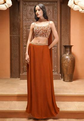 Rust Orange Embroidered Handwork  Lehenga Set