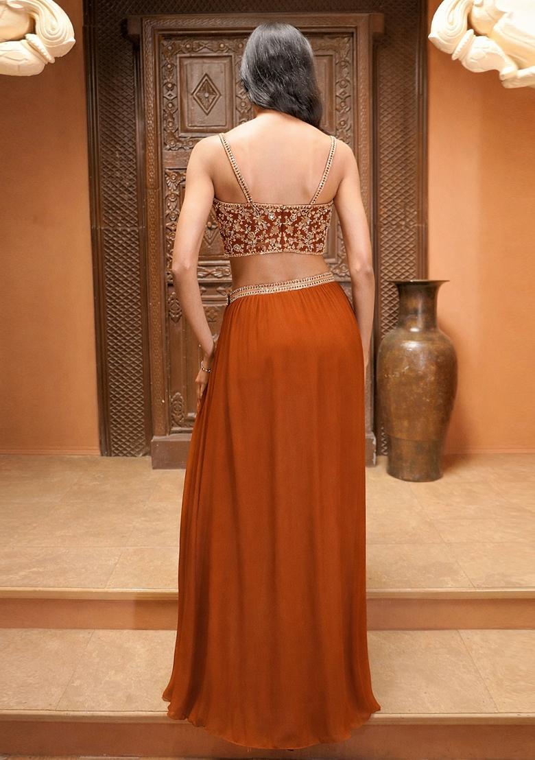 Rust Orange Embroidered Handwork Lehenga Set - Indya