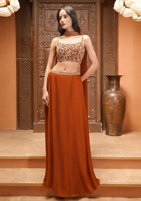 Rust Orange Embroidered Handwork  Lehenga Set