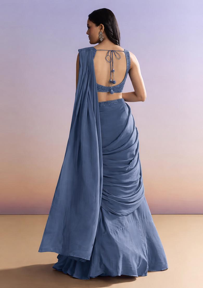 Steel Blue Embroidered Handwork Pre Draped Saree Set - Indya