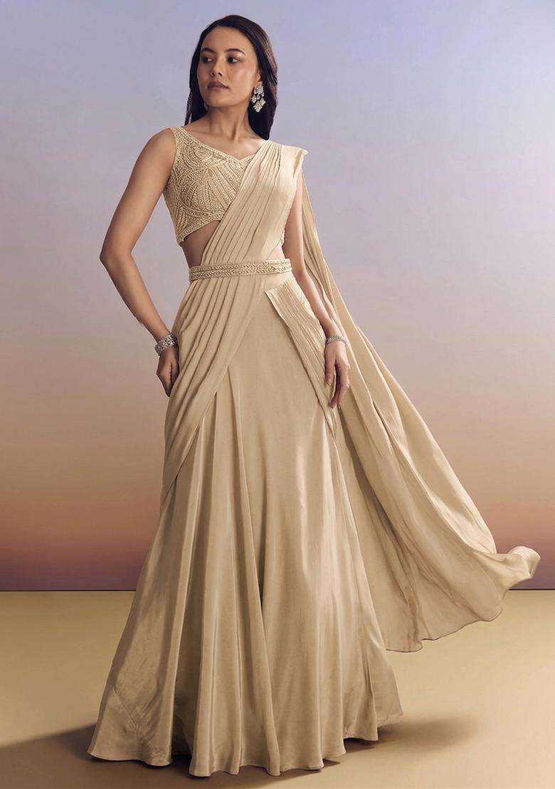 Beige Embroidered Handwork Pre Draped Saree Set - Indya