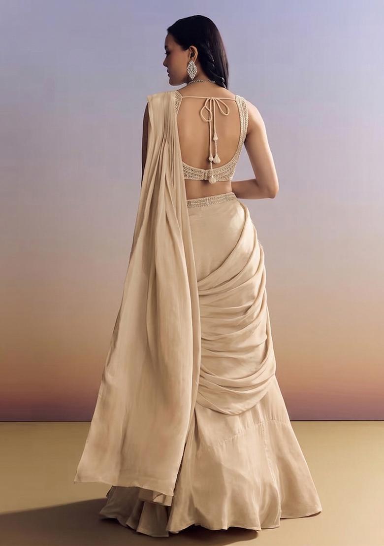 Beige Embroidered Handwork  Pre Draped Saree Set - Indya