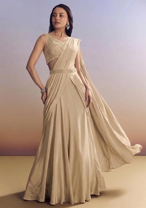 Beige Embroidered Handwork  Pre Draped Saree Set