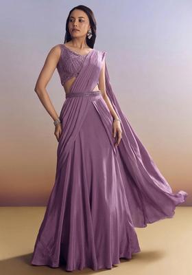 Lavender Embroidered Handwork  Pre Draped Saree Set