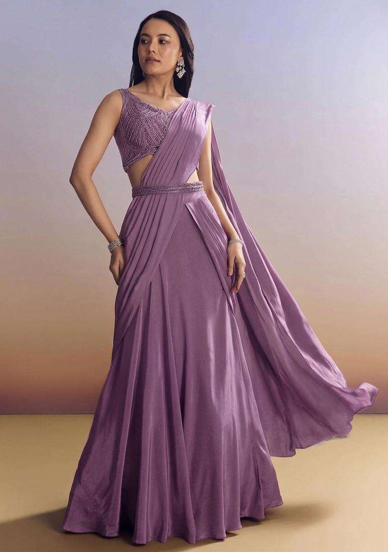 Lavender Embroidered Handwork Pre Draped Saree Set - Indya