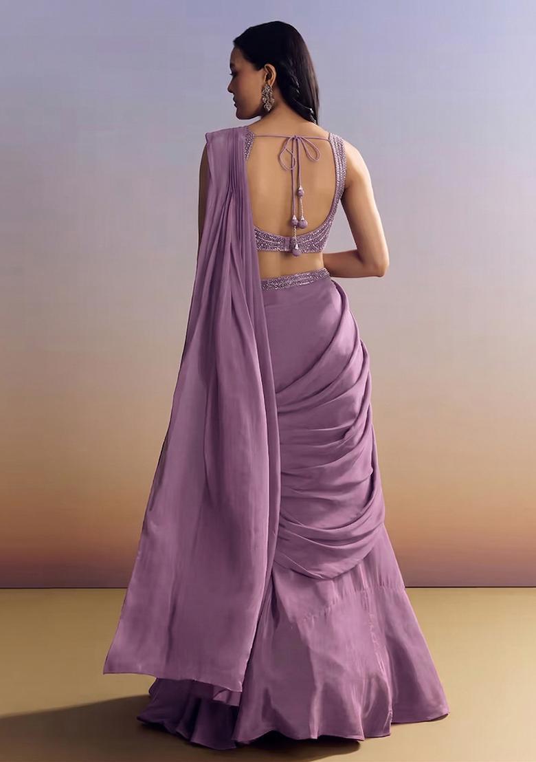 Lavender Embroidered Handwork Pre Draped Saree Set - Indya