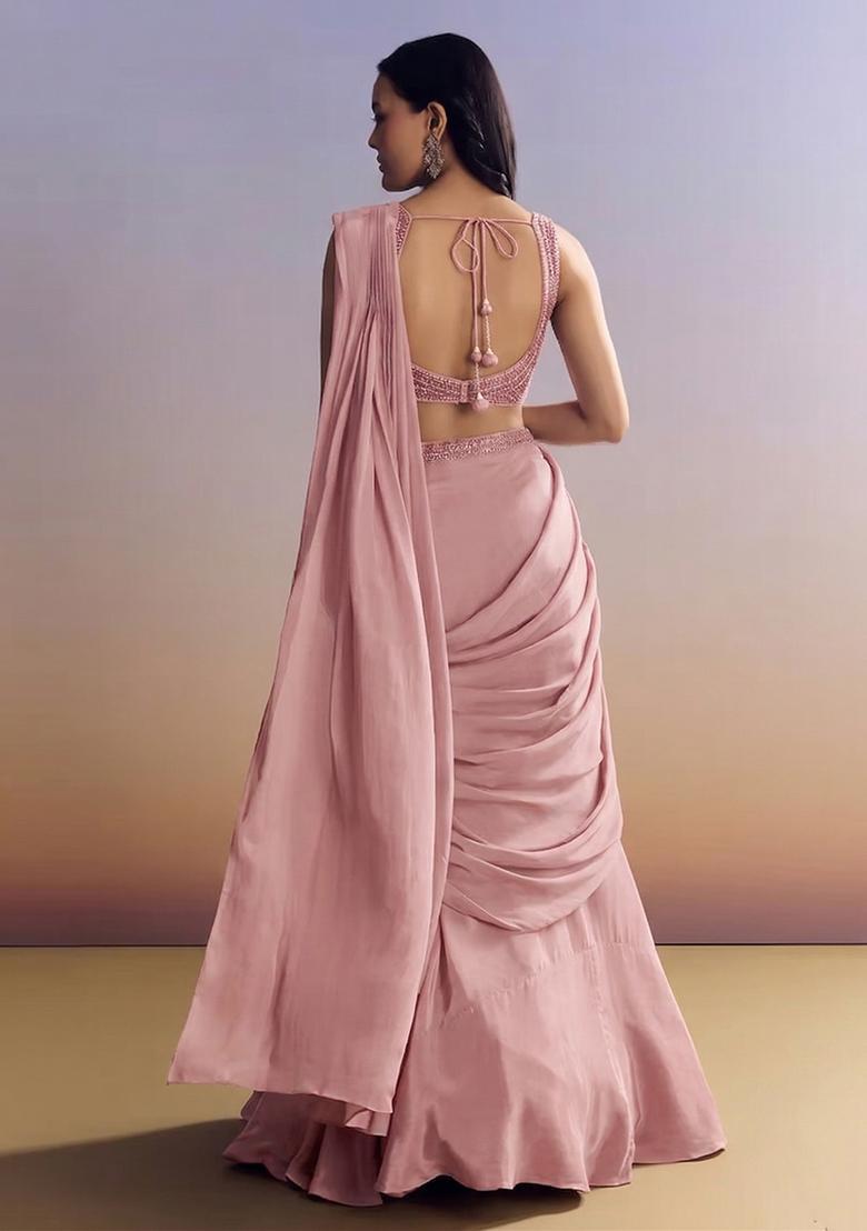 Dusky Rose Embroidered Handwork Pre Draped Saree Set - Indya
