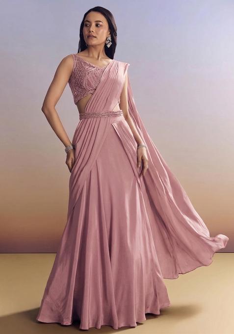 Dusky Rose Embroidered Handwork  Pre Draped Saree Set