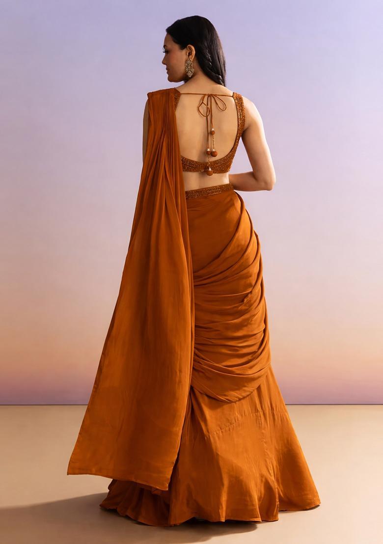 Rust Embroidered Handwork  Pre Draped Saree Set - Indya
