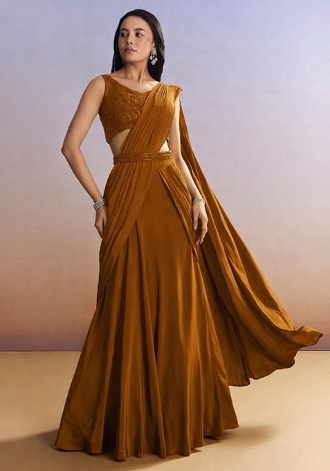 Rust Embroidered Handwork Pre Draped Saree Set