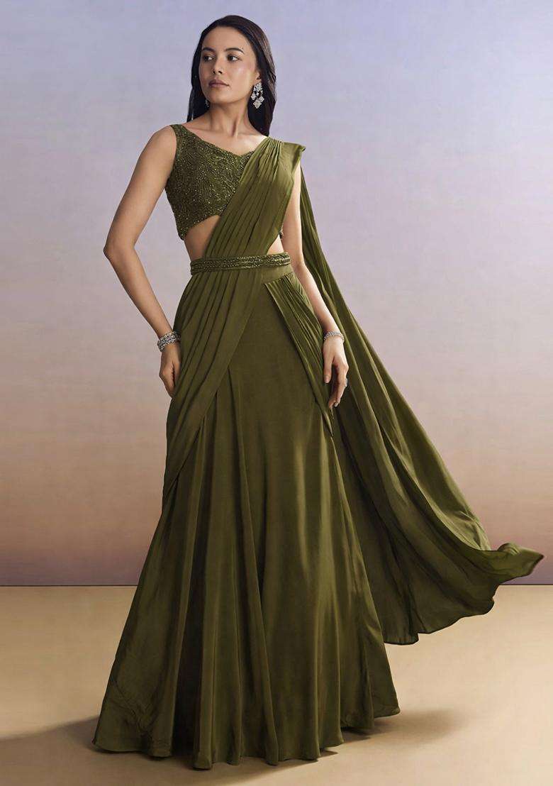 Olive Embroidered Handwork Pre Draped Saree Set - Indya