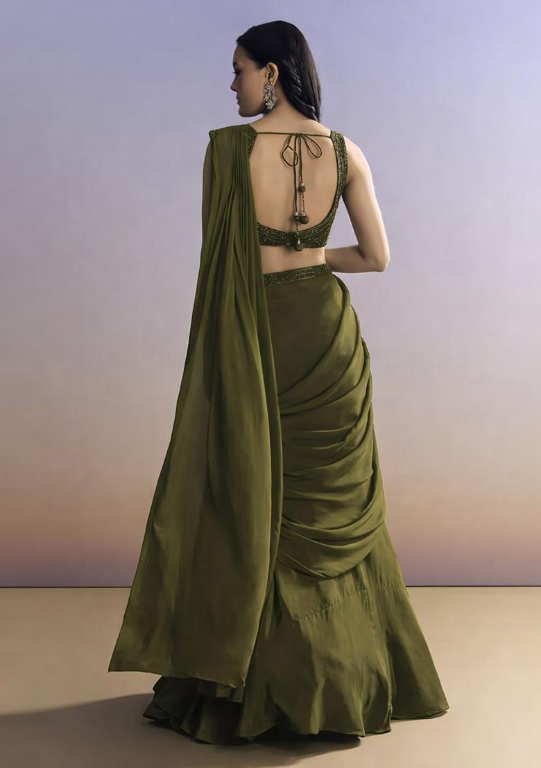 Olive Embroidered Handwork Pre Draped Saree Set - Indya