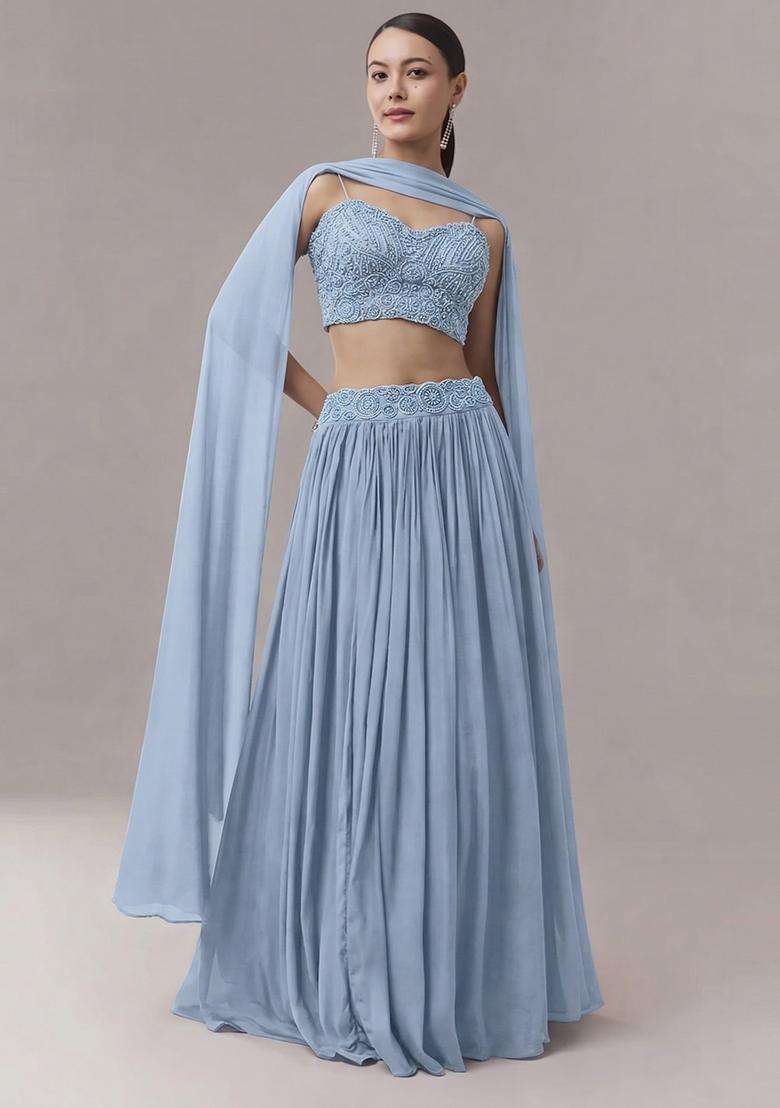 Powder Blue Embroidered Handwork Lehenga Set - Indya