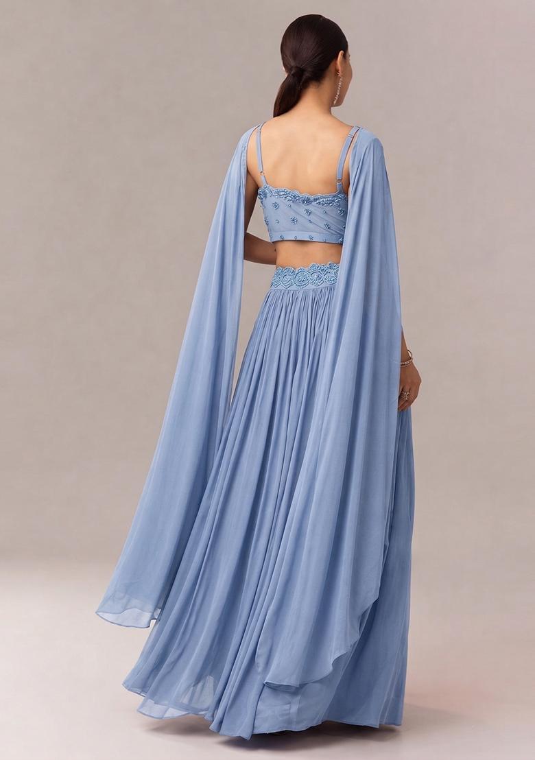 Powder Blue Embroidered Handwork  Lehenga Set - Indya
