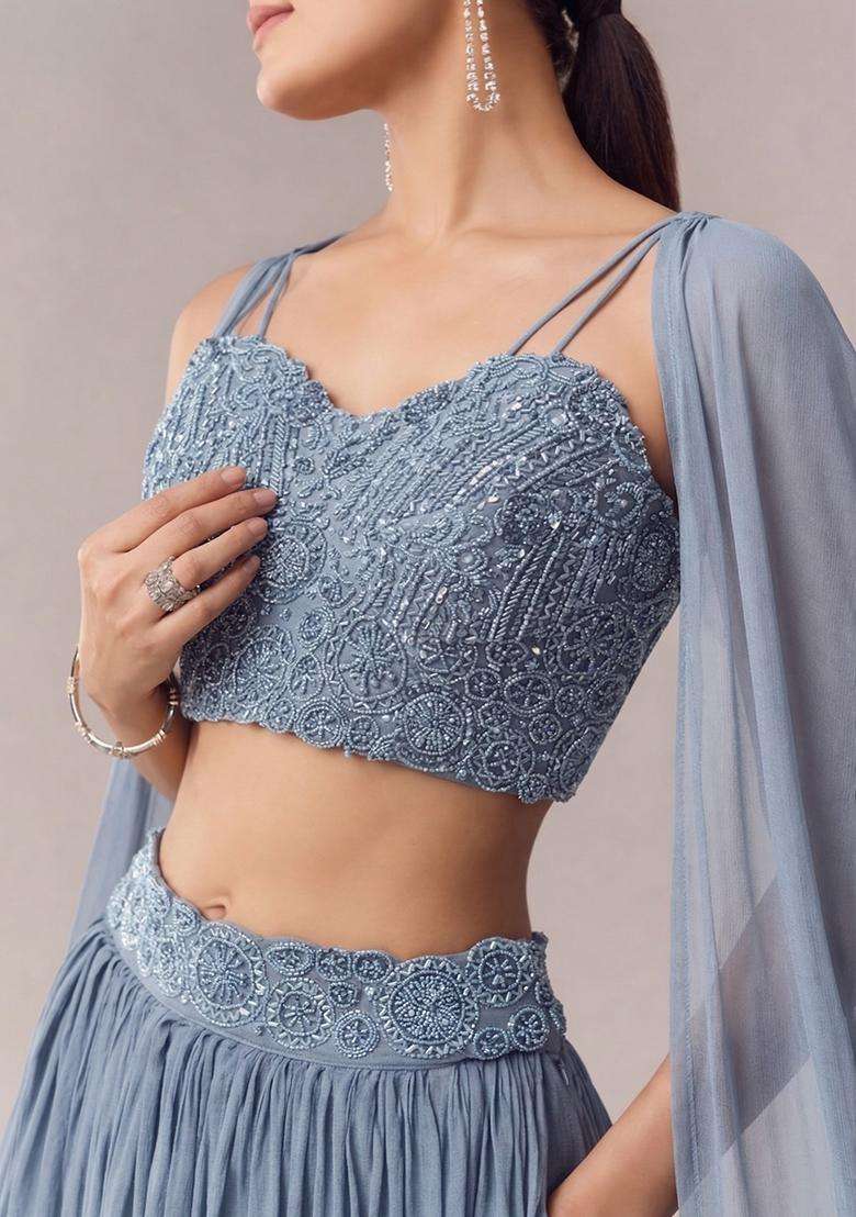 Powder Blue Embroidered Handwork Lehenga Set - Indya