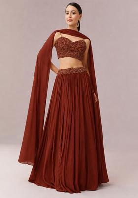 Brown Embroidered Handwork  Lehenga Set