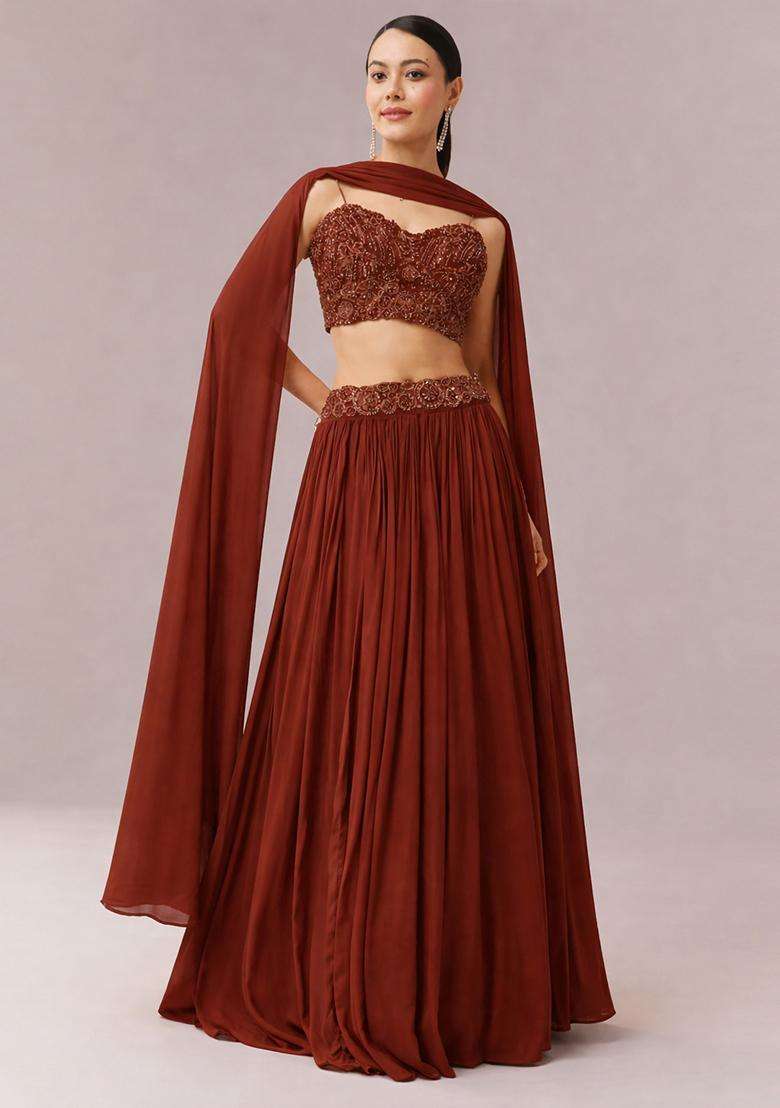 Brown Embroidered Handwork Lehenga Set - Indya