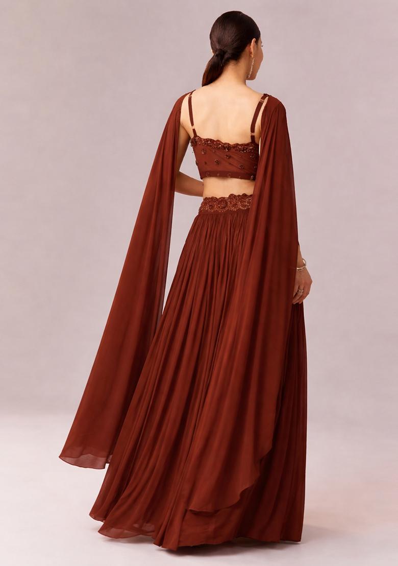 Brown Embroidered Handwork Lehenga Set - Indya