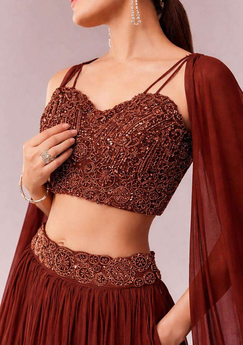 Brown Embroidered Handwork Lehenga Set - Indya