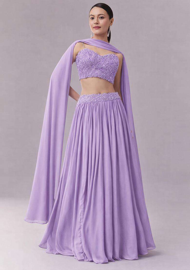 Lavender Embroidered Handwork Lehenga Set - Indya