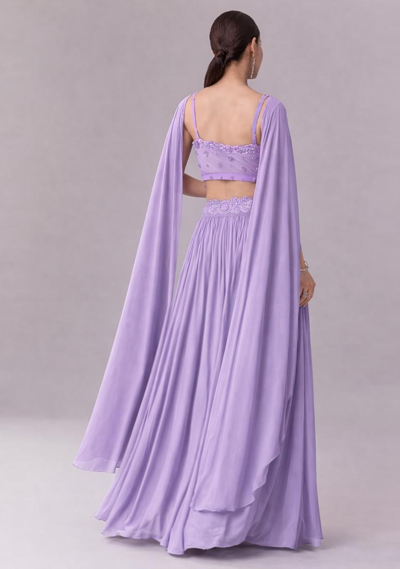 Lavender Embroidered Handwork Lehenga Set - Indya