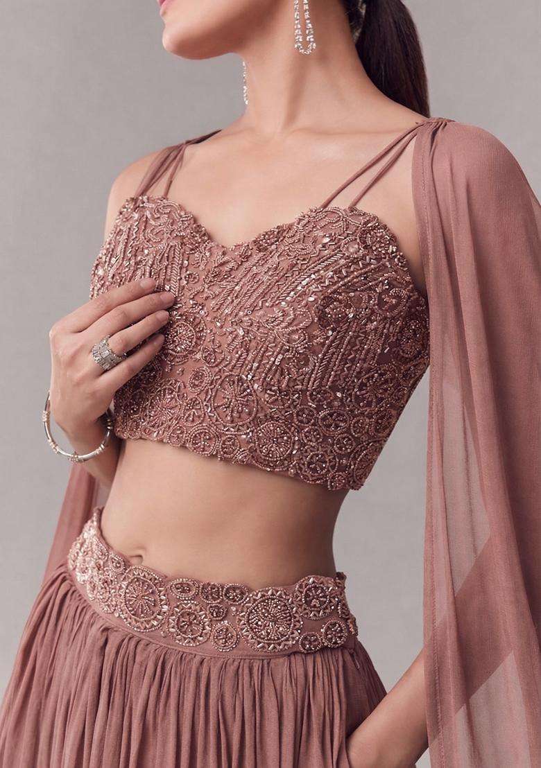 Rosewood Embroidered Handwork Lehenga Set - Indya