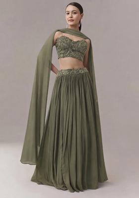 Olive Embroidered Handwork Lehenga Set