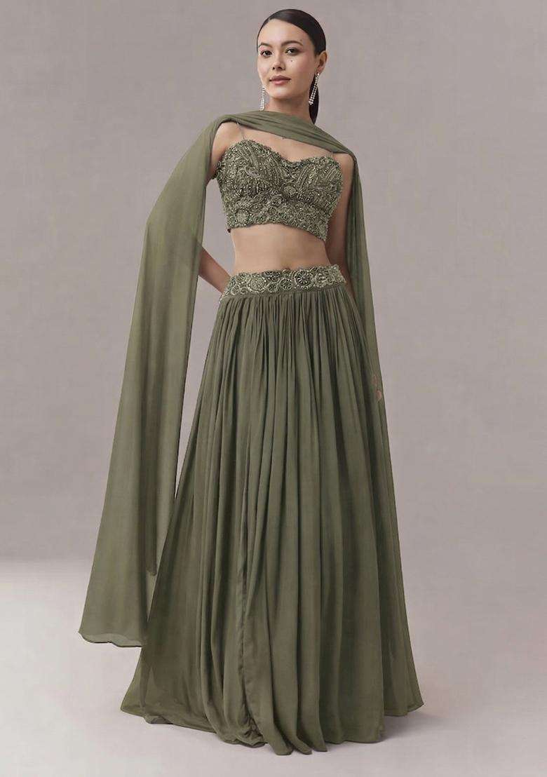 Olive Embroidered Handwork Lehenga Set - Indya