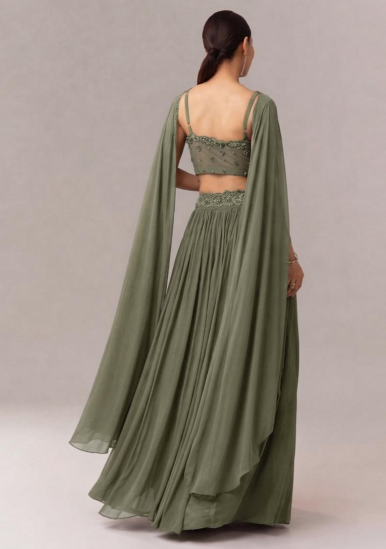 Olive Embroidered Handwork Lehenga Set - Indya