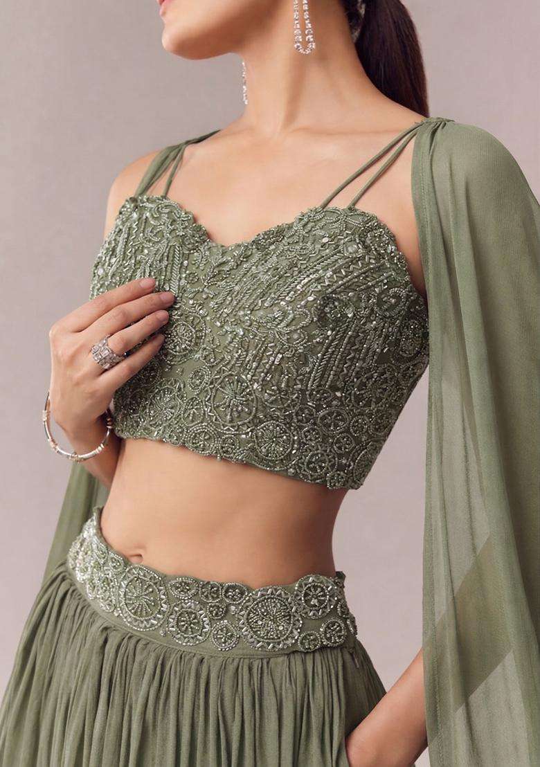 Olive Embroidered Handwork Lehenga Set - Indya