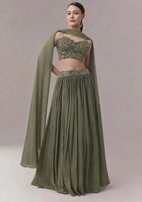 Olive Embroidered Handwork Lehenga Set