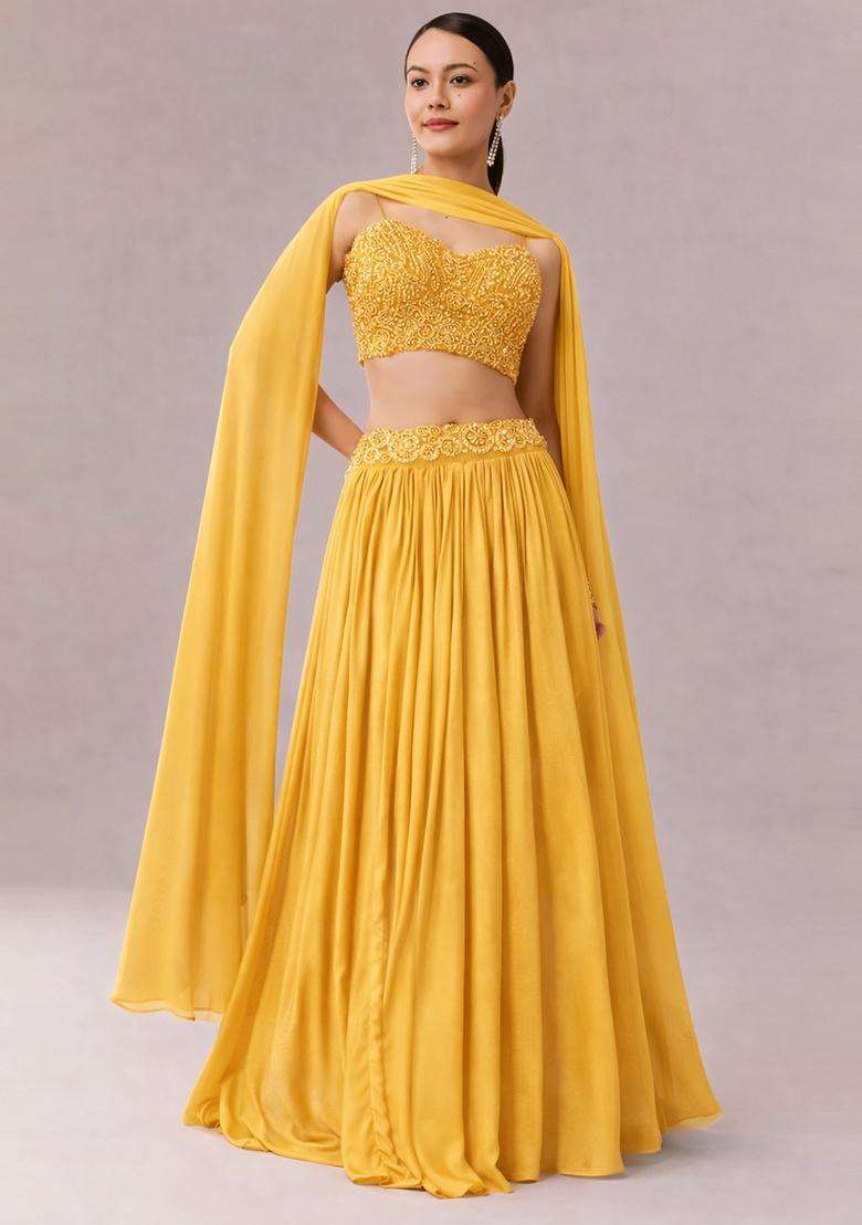 Yellow Embroidered Handwork Lehenga Set - Indya