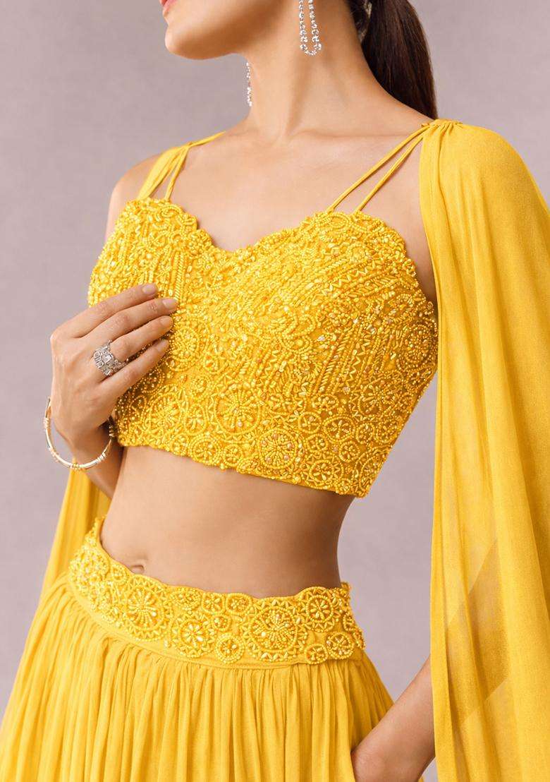 Yellow Embroidered Handwork Lehenga Set - Indya