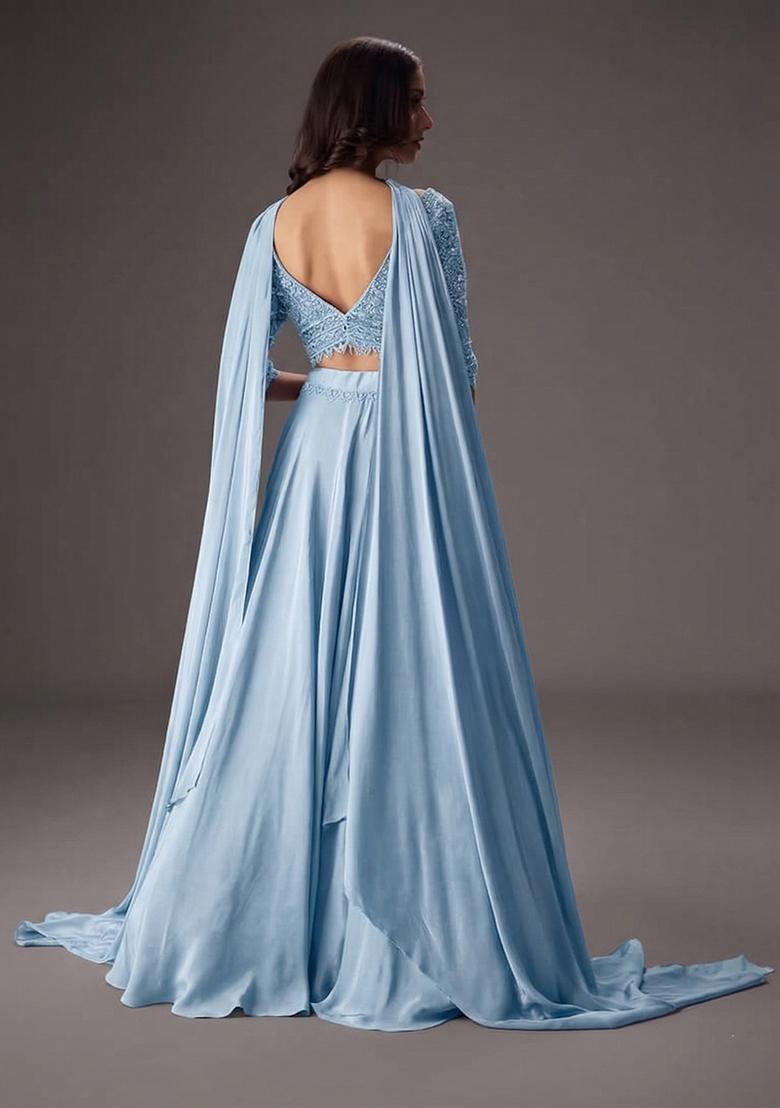 Powder Blue Embroidered Handwork  Lehenga Set - Indya