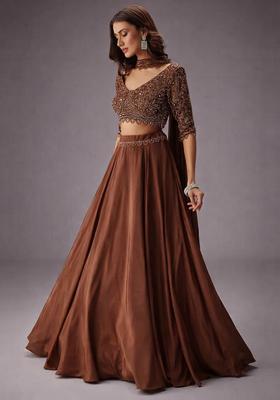 Brown Embroidered Handwork  Lehenga Set