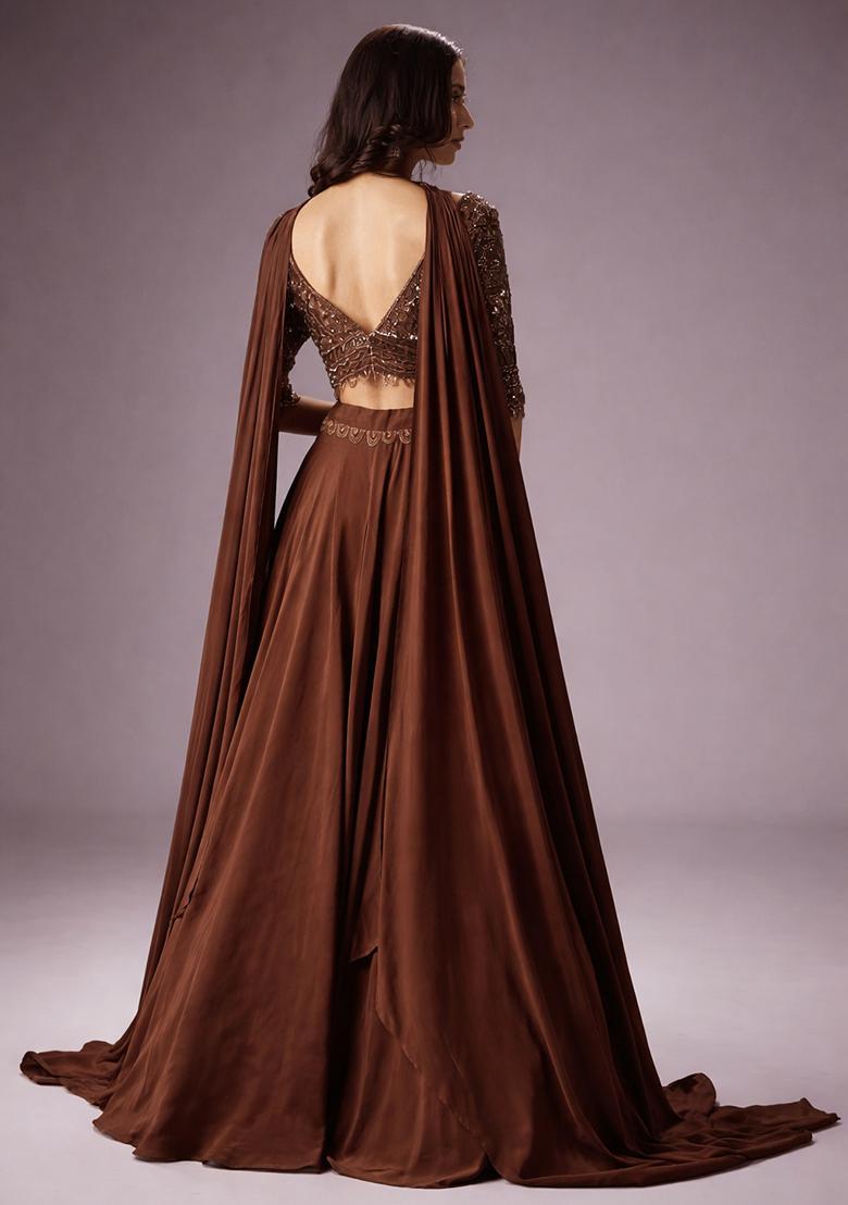Brown Embroidered Handwork Lehenga Set - Indya