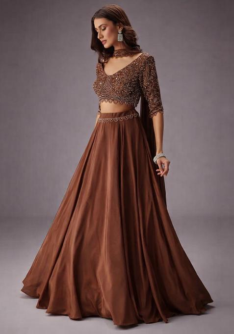 Brown Embroidered Handwork  Lehenga Set