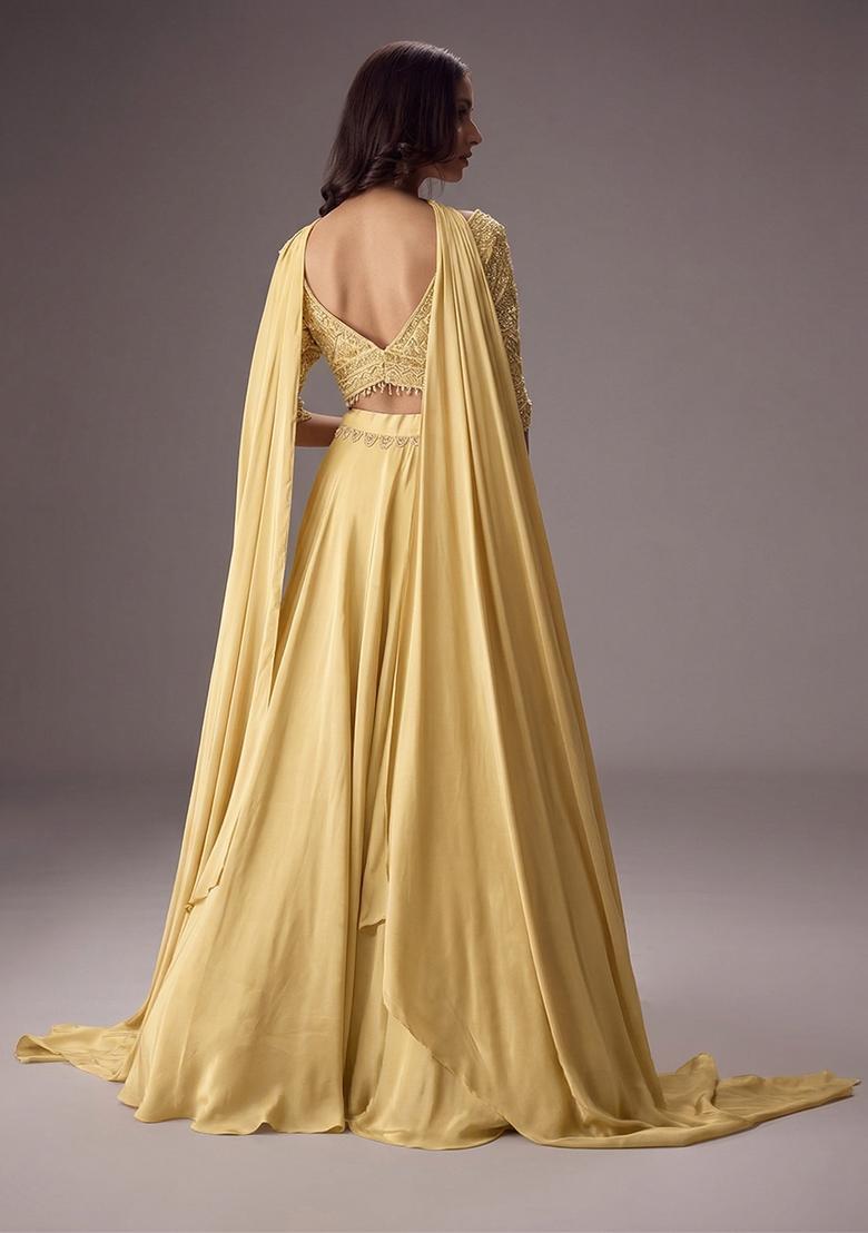 Butter Yellow Embroidered Handwork Lehenga Set - Indya