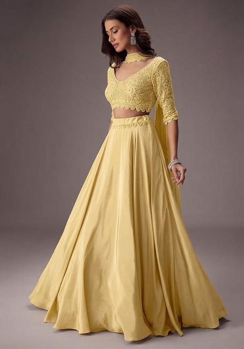 Butter Yellow Embroidered Handwork  Lehenga Set