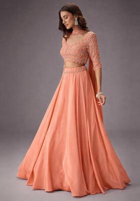 Peach Embroidered Handwork  Lehenga Set
