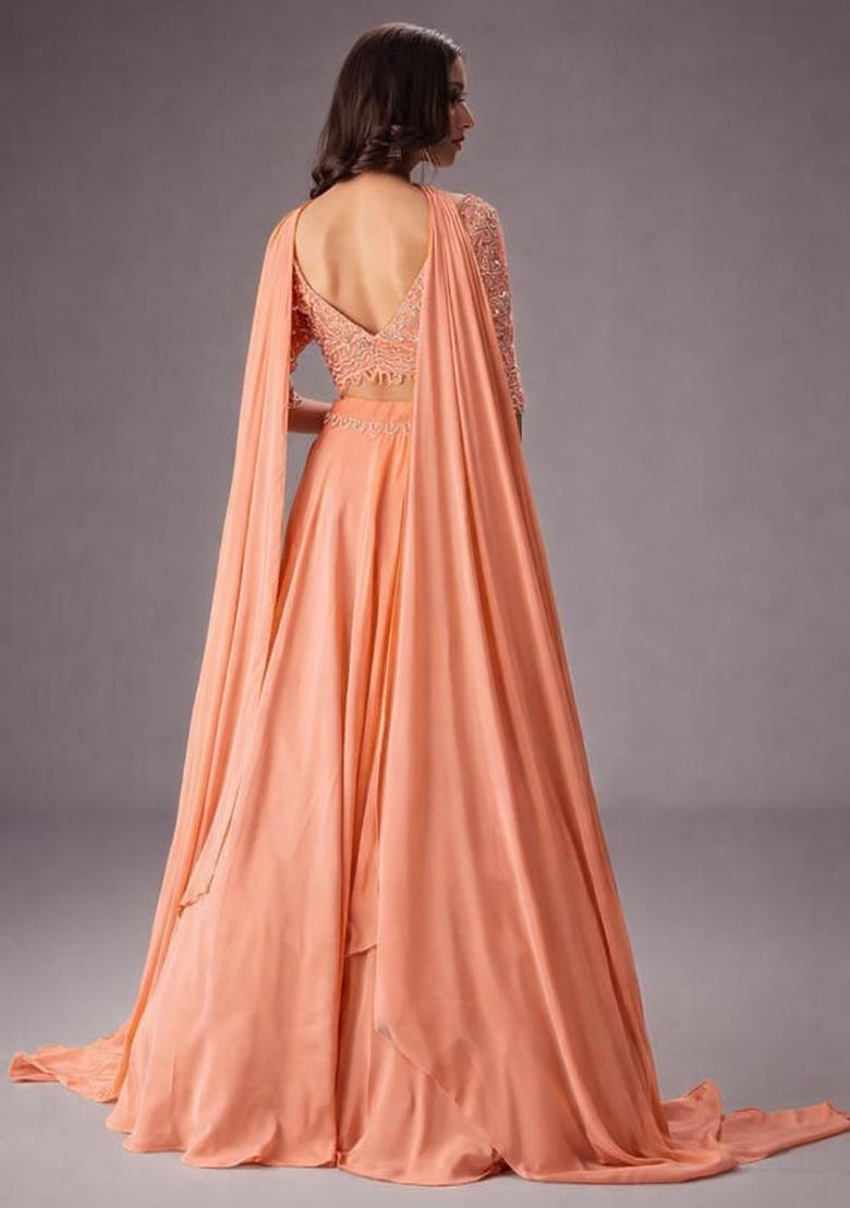 Peach Embroidered Handwork Lehenga Set - Indya