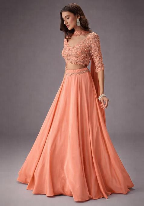 Peach Embroidered Handwork  Lehenga Set